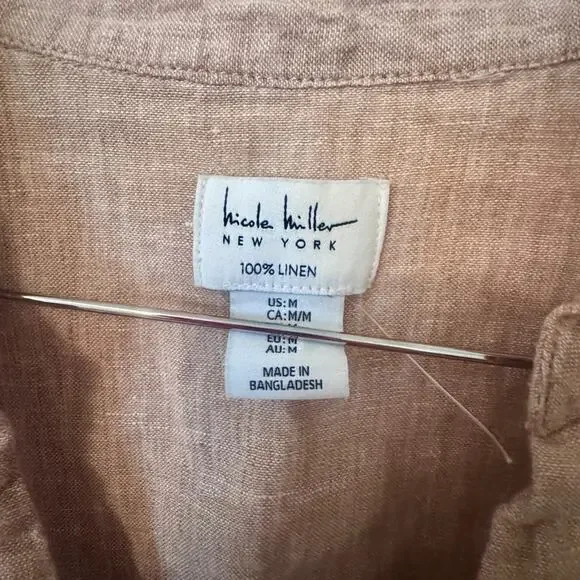 Nicole Miller 100% Linen Tan Button Down Shirt - Picture 3 of 4